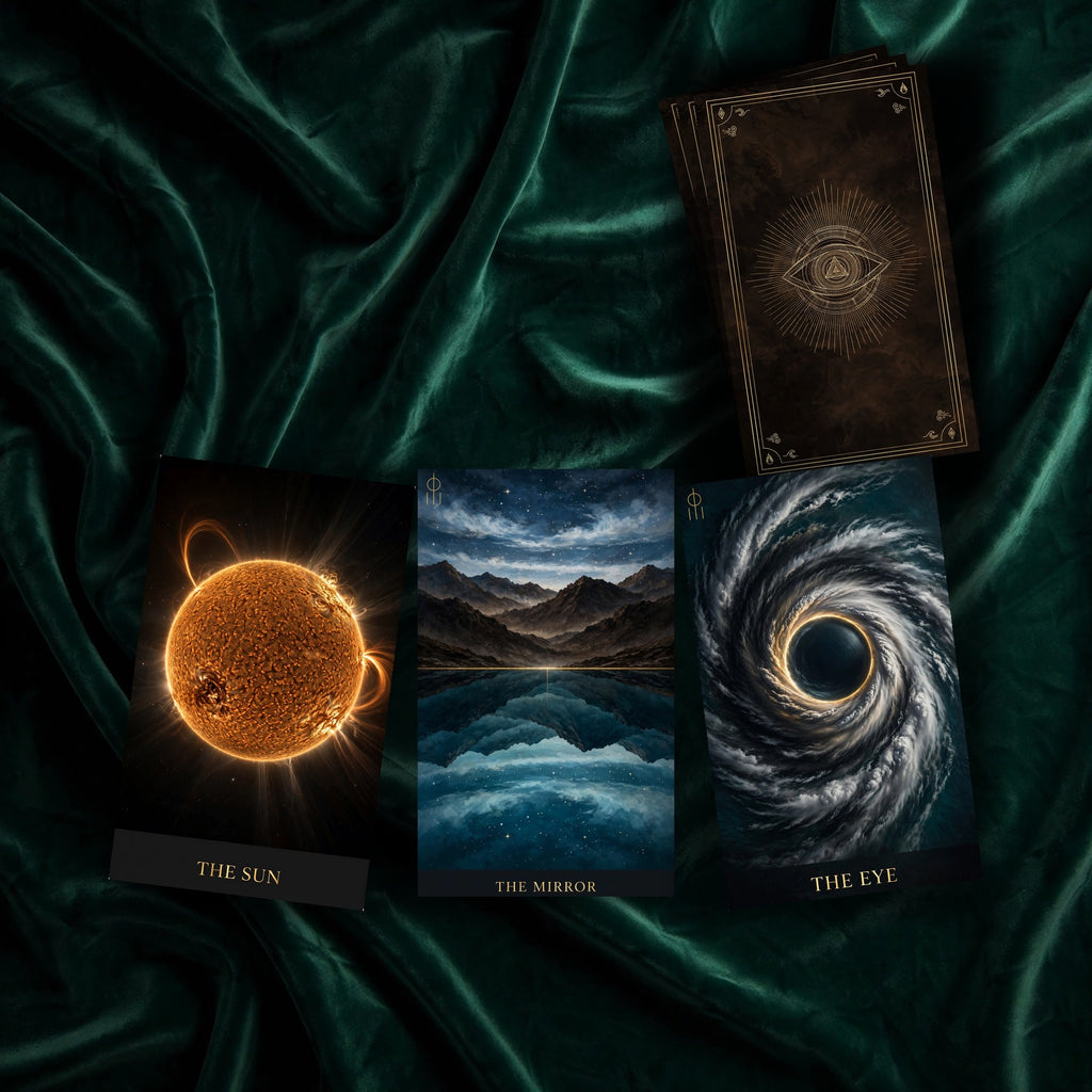 AWAN AGBARA Oracle cards face up on green velvet with a stack of card backs