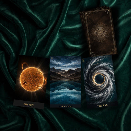 AWAN AGBARA Oracle cards face up on green velvet with a stack of card backs