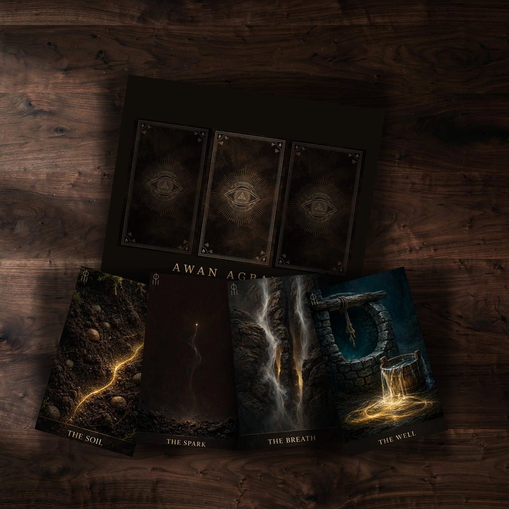 AWAN AGBARA Oracle deck box with four elemental cards fanned on dark wood