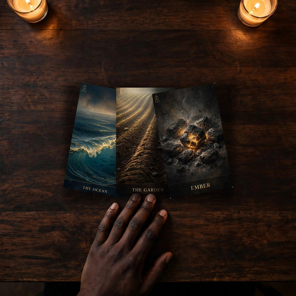 A readers hand resting beside a three-card AWAN AGBARA spread on a candlelit table