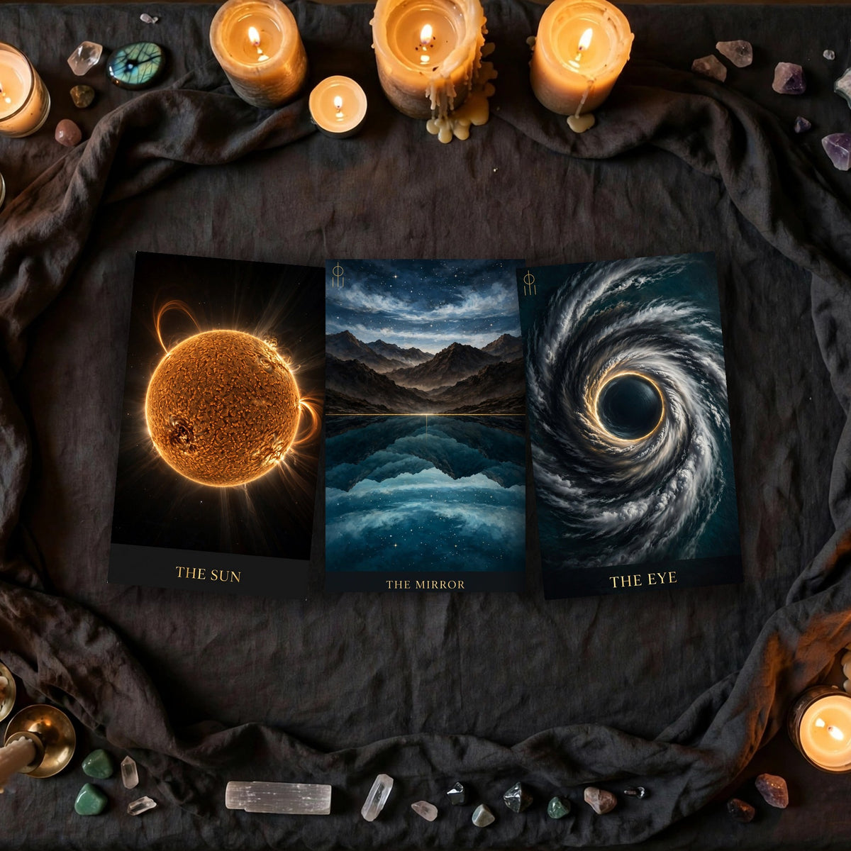 A three-card AWAN AGBARA reading laid out on a consultation table with candles and crystals